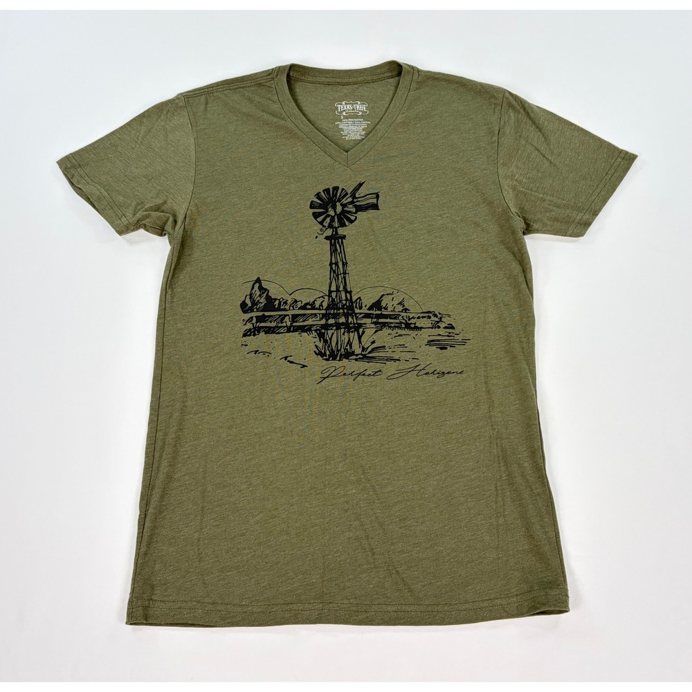 Texas True Threads Olive Green Windmill Graphic V-Neck T-Shirt Women's Small